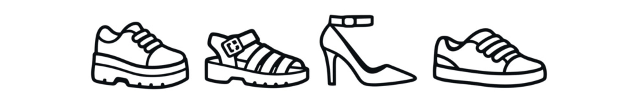 Women's shoe icon set. platform sneaker, gladiator sandal, high heel, low top trainer, footwear collection. line, flat and colored vector icon set.