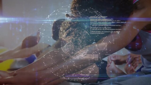 Vertical video: Overlay appearing, curly woman clasping feet for stretch on mat in gym pink strap