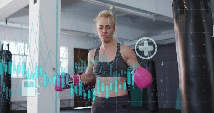 Female athlete tightening straps and testing gloves in boxing gym, HUD icons highlighting training