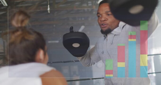Cueing trainer holding black mitts guiding gloved boxer in white tank drilling in ring, bar-chart