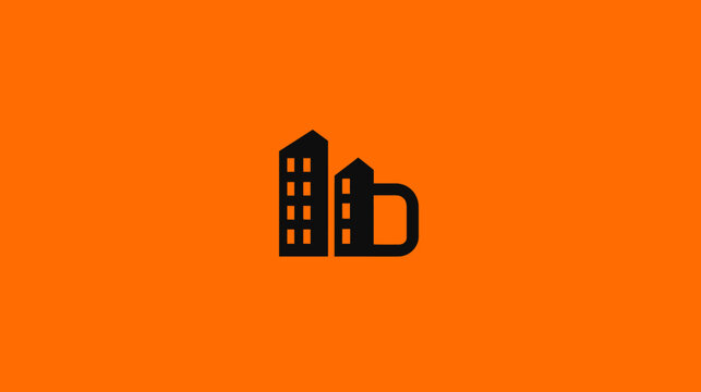 Minimalist cityscape logo icon with abstract buildings and letter D on a vibrant orange background, urban development concept