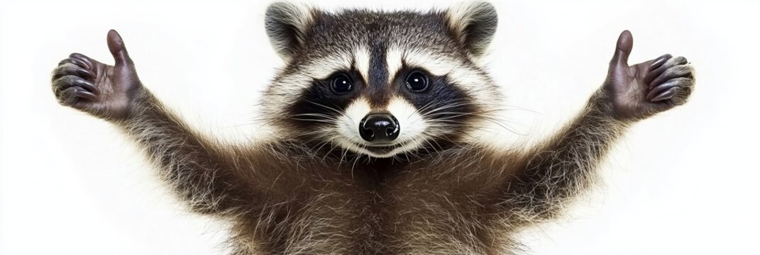Playful raccoon with paws raised, striking a funny pose for the camera on a bright white background