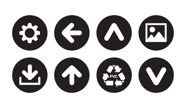 Black circular icons with white symbols for settings, back arrow, up arrow, picture, download, and recycle.