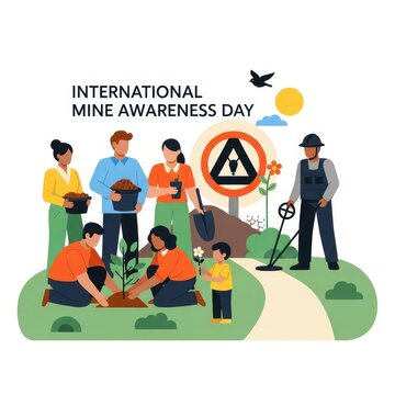 International Mine Awareness Day illustration with diverse community planting trees
