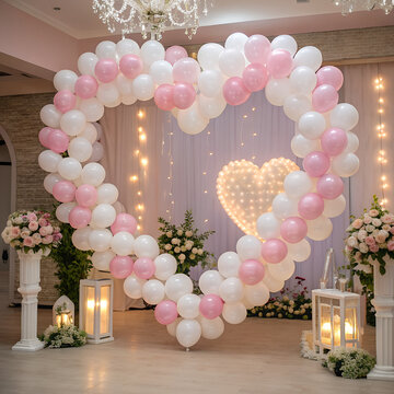 Romantic Heart Shaped Balloon Arch Wedding Decoration with Soft Pink and White Balloons Elegant Event Setup.