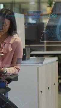 Vertical video: Woman tapping phone, viewing HUD panels expanding stacking fading for business data