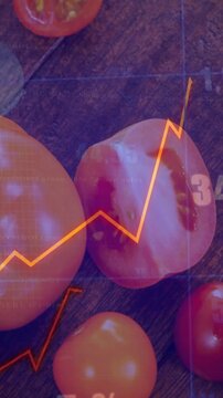 Vertical video: Orange line appearing on beat, tracing halved tomato and showing values for food