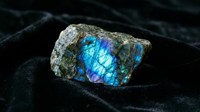Rough labradorite gemstone with iridescent blue and purple labradorescence on black velvet background