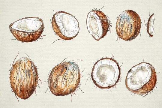 Hand-drawn artistic illustration of several coconuts in various sections and perspectives