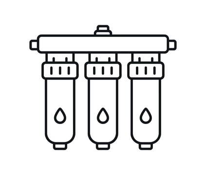 Water filtration system icon. water purifier, filter cartridges, reverse osmosis, clean drinking water, home filtration, plumbing. line and flat vector illustration.