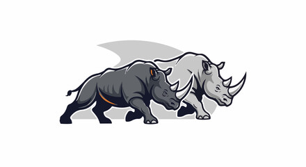 Fototapeta premium Two powerful rhinos charging forward, stylized, against a light background