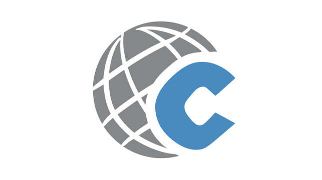 Blue letter C integrated with a grey world globe graphic, representing global connection, communication, business, and technology.