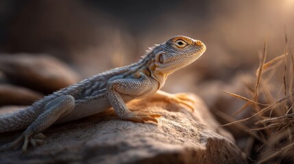 Fototapeta premium Basking Lizard on Warm Rock in Desert Scene Closeup Photography