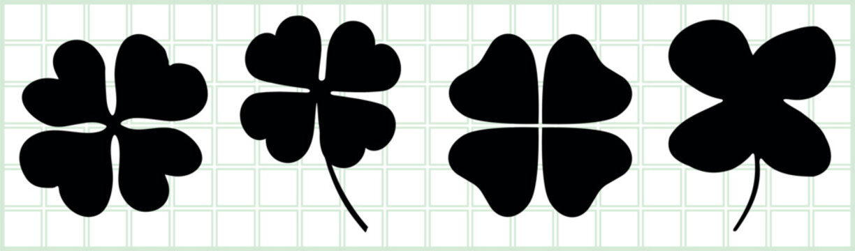 Silhouette of four-leaf clovers on a grid background. Black clovers, simple clover shapes, and clover silhouettes create a striking contrast. Nature illustrations, vector set.