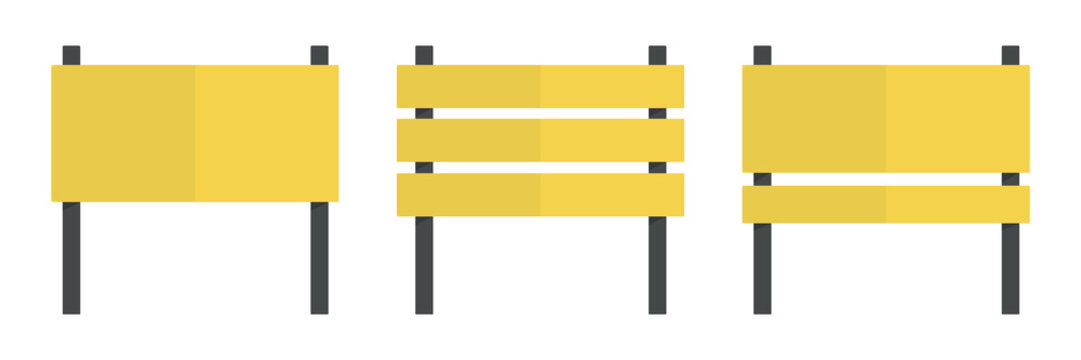 Three yellow benches with black legs. Yellow benches in a row. Simple design of yellow benches. Outdoor seating with yellow benches. Isolated illustration elements, vector set.