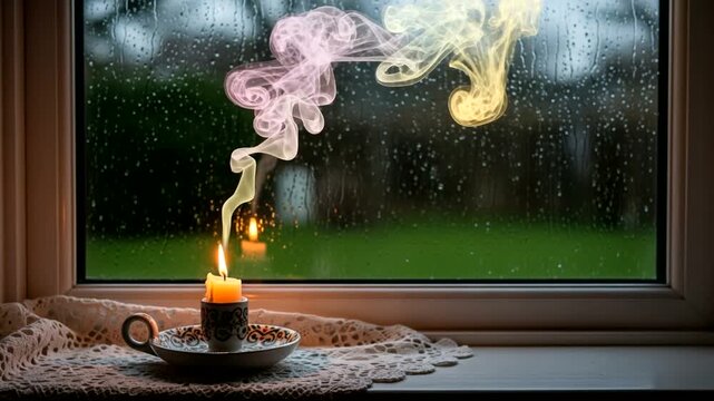 Candle burning on windowsill with rain outside window.
