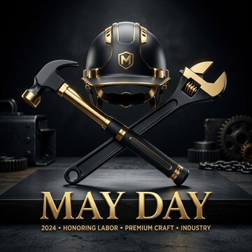 Premium May Day Industrial Celebration Poster with Tools and Helmet