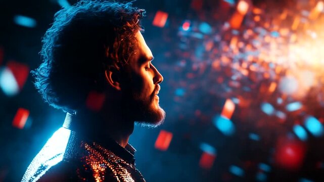 Man looking up at colorful confetti explosion celebration.