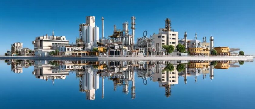 Industrial Panorama: An expansive industrial complex, showcasing a variety of structures and machinery against a bright sky, mirrored in calm water.