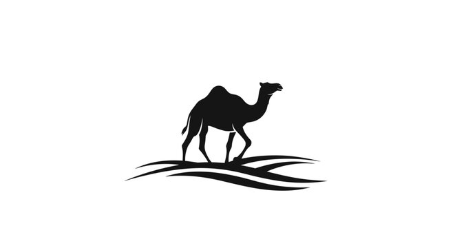 Silhouette of a camel walking on stylized desert dunes in black and white