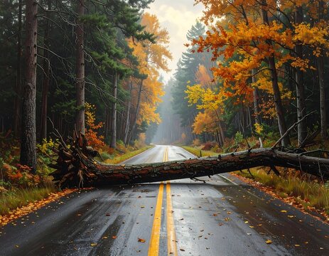 A fallen tree blocks a wet road in a forest