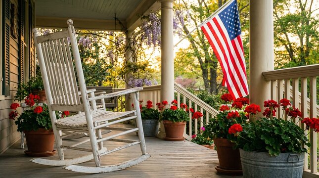 American Flag on Porch with Rocking Chair, 4th of July Decoration