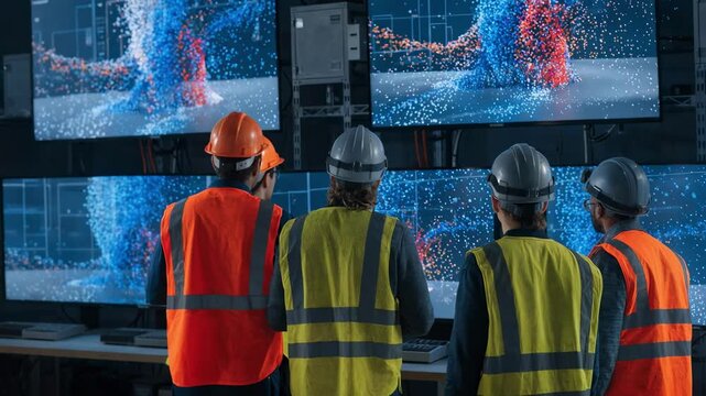 Engineers interact with dynamic 3D virtual models of mineral processing flows on large monitors using overlays to track system performance and optimize operations.
