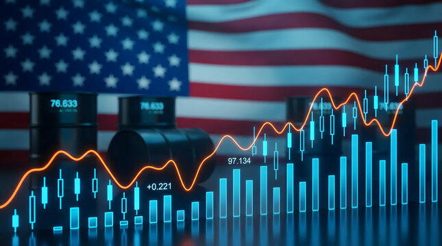 Digital representation of oil barrels and financial market charts in front of a blurred United States flag showing economic trends and energy prices with glowing data points