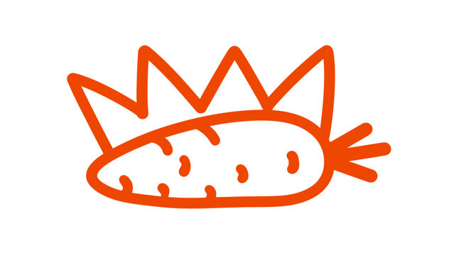 Cute hand-drawn orange carrot wearing a crown icon. Simple line art illustration for healthy food, vegan, or organic concepts.