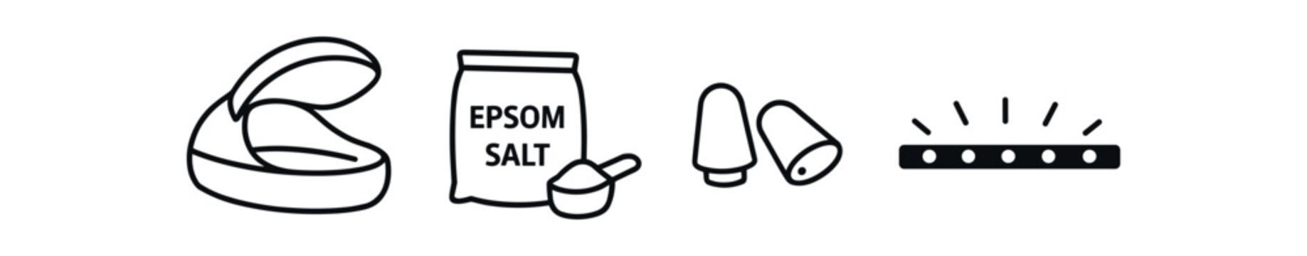 Travel amenity icon set. slippers, bath salts, ear plugs, toiletries, relaxation, hotel comfort. line and flat vector illustration.
