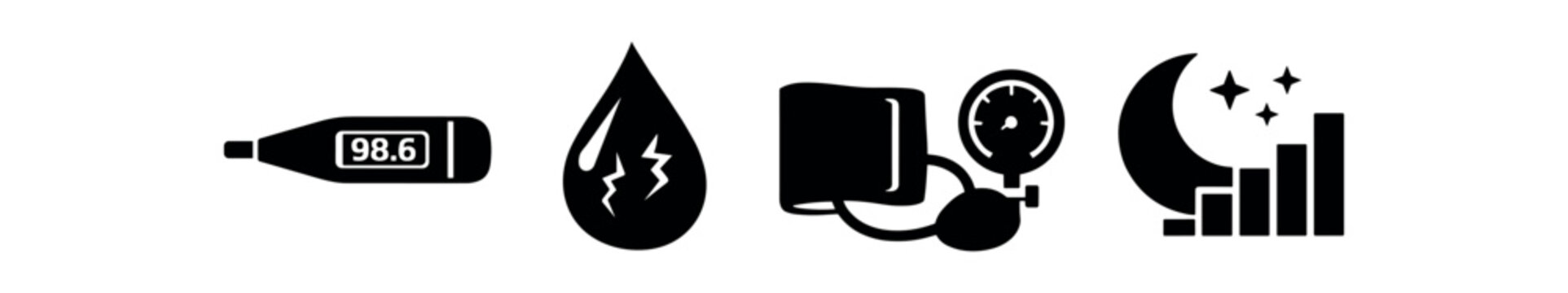 Infrared sauna icons set. thermometer, sweat drop, blood pressure cuff, sleep recovery, wellness, health monitoring. line, flat and colored vector icon set.