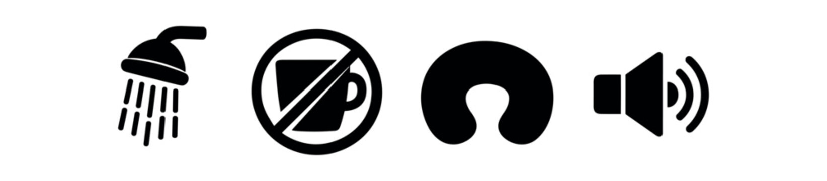 Solid hotel amenity icons. shower, no coffee sign, neck pillow, speaker, black silhouette symbols. line and flat vector illustration.