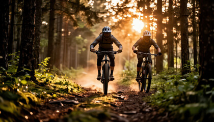 Obraz premium Two men ride mountain bikes through a forest trail. The sun sets behind the trees, illuminating the path and creating a serene atmosphere.