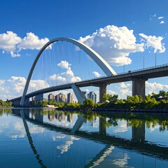 Fototapeta premium A large white arched bridge over a body of water with cityscape