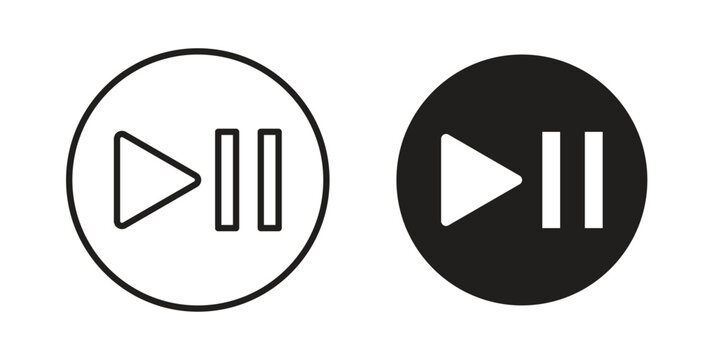Play pause icon set, collection of icon in editable strokes and flat versions