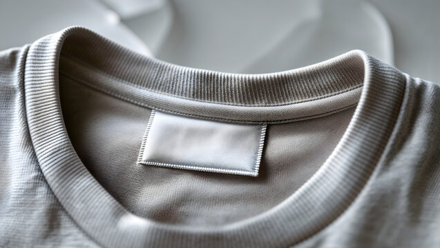 Tshirt neck area with blank woven label featuring sharp focus on intricate stitching and soft fabric under diffused studio lighting generative AI