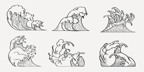 Obraz premium Set of six vintage wave illustrations. Each wave design is unique, showcasing different wave forms. Perfect for ocean-themed projects or vintage art lovers. Nature illustrations, element vector set.