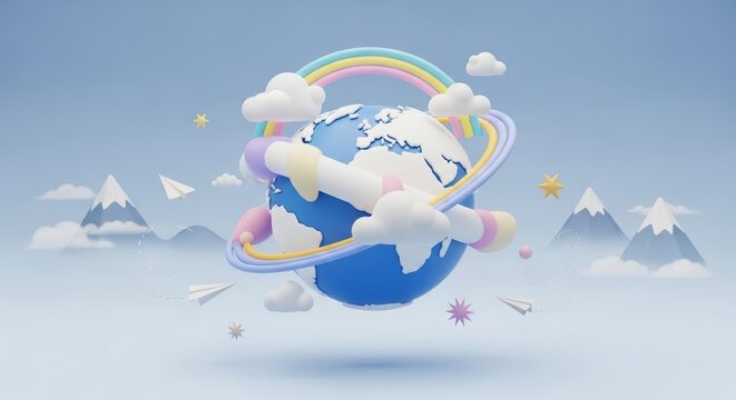 Whimsical 3D render of Earth with clouds, rainbow, and paper planes for Sky Awareness Week