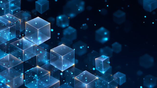 Abstract geometric blocks for AI systems, business finance, cloud storage, cybersecurity and digital infrastructure. 3D cube data background illustrating technology and blockchain network