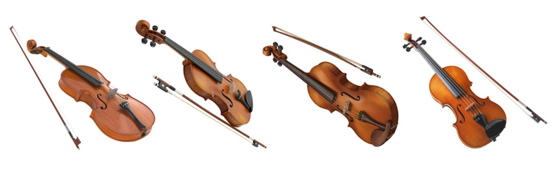 Assortment of classic wooden violins with their bows, gracefully positioned on a transparent background for musical.