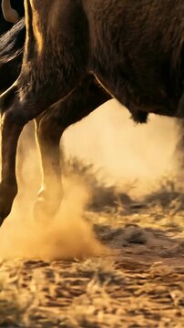 Cinematic close-up of American bison hooves galloping, kicking up a dramatic dust cloud during a golden hour stampede. Powerful wildlife action on the prairie.