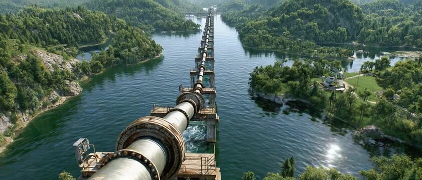 River Pipeline: A long pipeline stretches across a vast river, surrounded by lush green mountains and trees, highlighting industry&rsquo;s role in utilizing natural resources