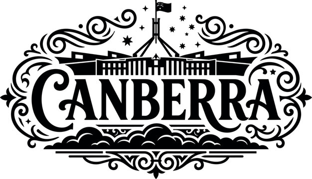 Canberra lettering with australian parliament house silhouette and decorative swirls vector art