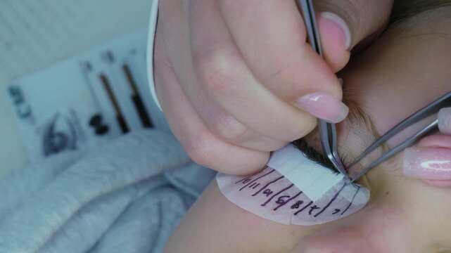 Close-up of professional eyelash extension application using tweezers and tape