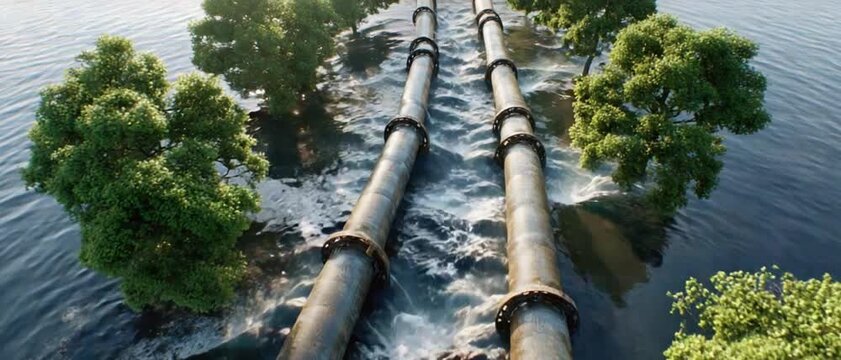 Waterway Pipeline: A captivating aerial perspective showcases two parallel pipelines stretching across a flooded landscape, navigating through a lush environment.