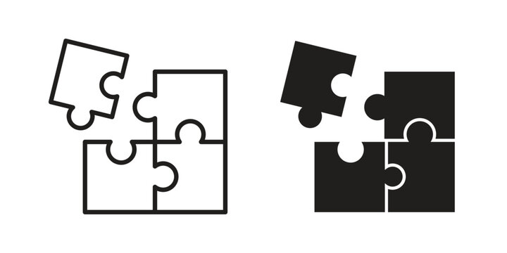 Puzzle piece icon set, collection of icon in editable strokes and flat versions