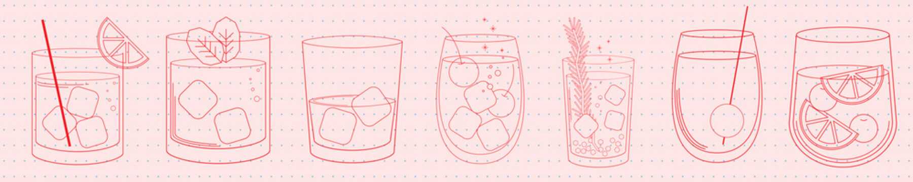 Illustration of various cocktail glasses with ice cubes, garnishes, and straws. Different cocktail designs in a minimalist, line-art style. Party illustrations, isolated element vector set.
