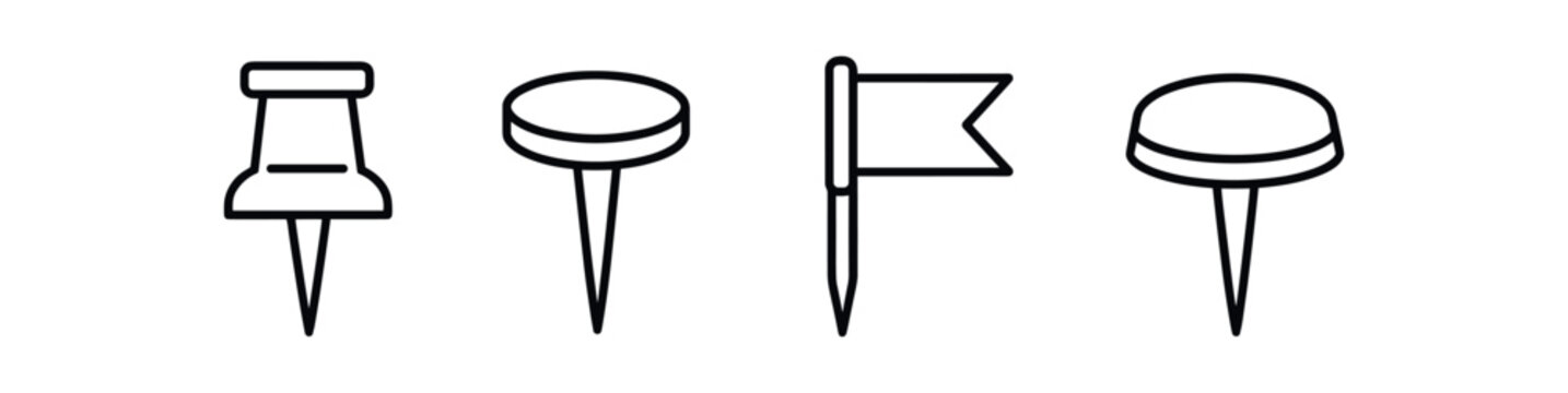 Pushpin icon set. thumbtack, pin, marker, map pin, office, stationery. line and flat vector icon set.