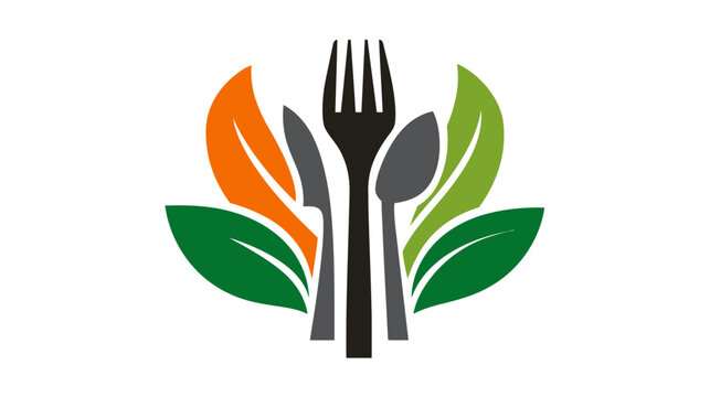 Abstract healthy organic food restaurant logo vector with cutlery, vibrant green leaves, natural dining and catering concept