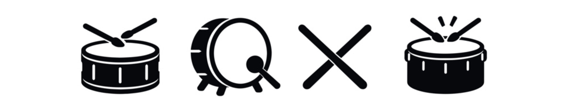 Drum icon set. snare drum, bass drum, crossed drumsticks, percussion, music, rhythm. line, flat and colored vector icon set.